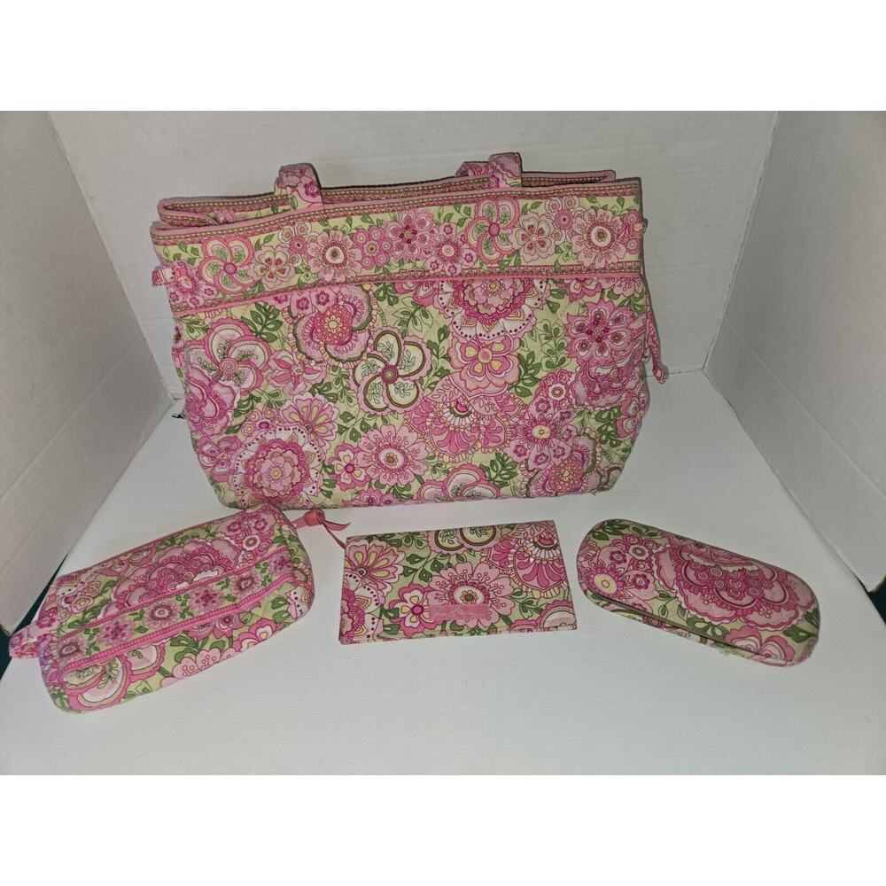 4 Pc Vera Bradley Pink Floral Bag With Makeup Bag , Glasses Case